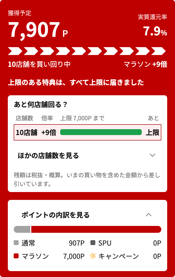 例2を10店舗まで入れたプランの画面。獲得予定は7,907Pで、内訳はマラソン7,000P、通常907P